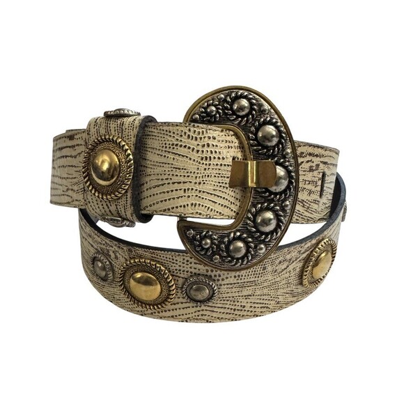 Leatherock vintage 90's Studded Western Belt Cream Lizard Leather Boho 27-33" - Picture 2 of 7